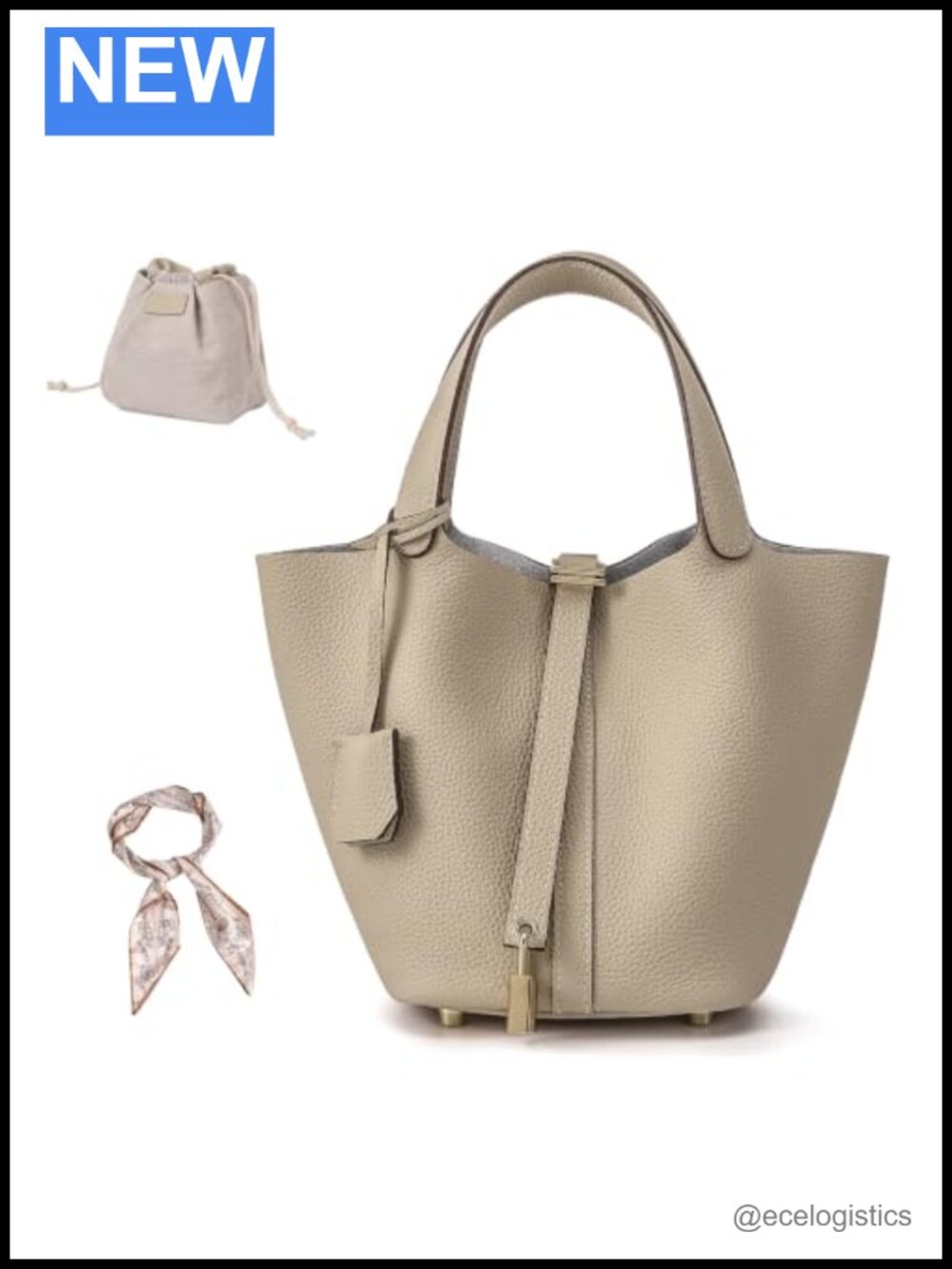 Genuine Leather Bucket Bag Satchel Handbag with Lock Design Silk Scarf